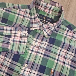 Ralph Lauren Shirt Men M Long Sleeve‎ Button Down Plaid Slim Fit Oxford Stretch